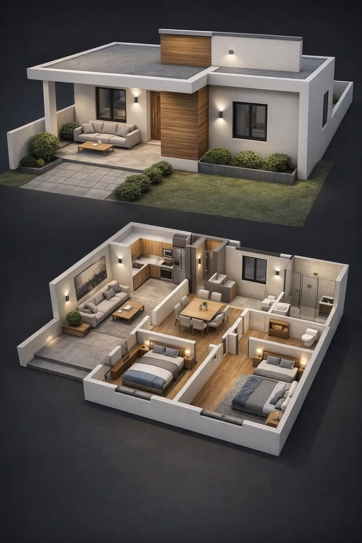 Modern 2BHK Plan Isometric Cutaway